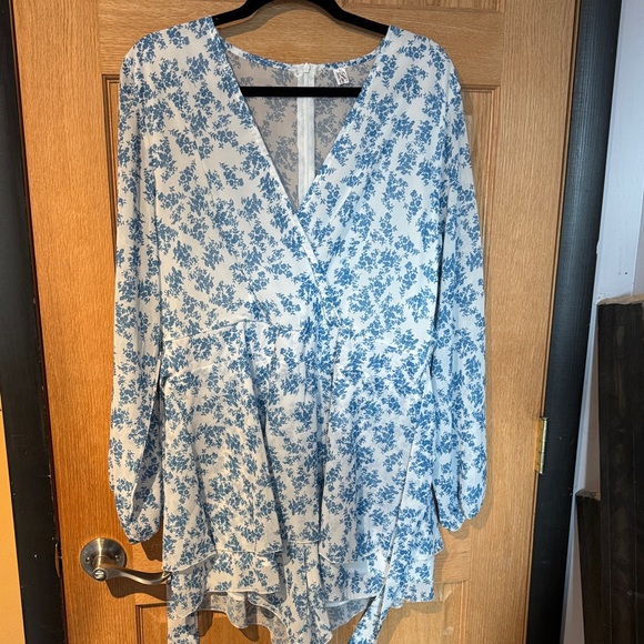 Classic Fashion Collection Pants - Blue Floral Wrap Romper with Ruffle Hem